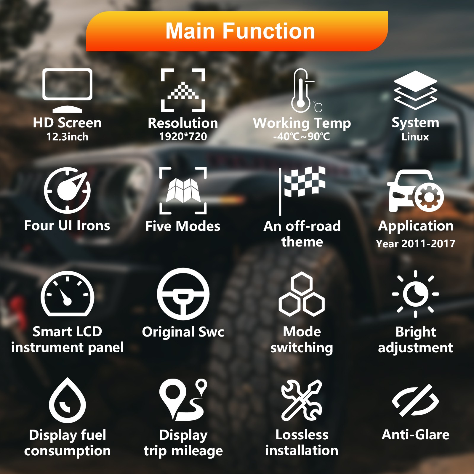 12.3inch LCD Digital Instrument Cluster Display for Jeep Wrangler JK 2011-2017