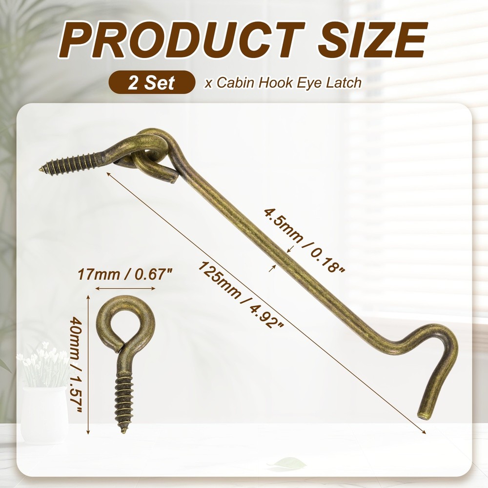 2Pcs Cabin Hook Eye Latch, 5" Solid Brass Eye Latch Hook with Screws, Bronze
