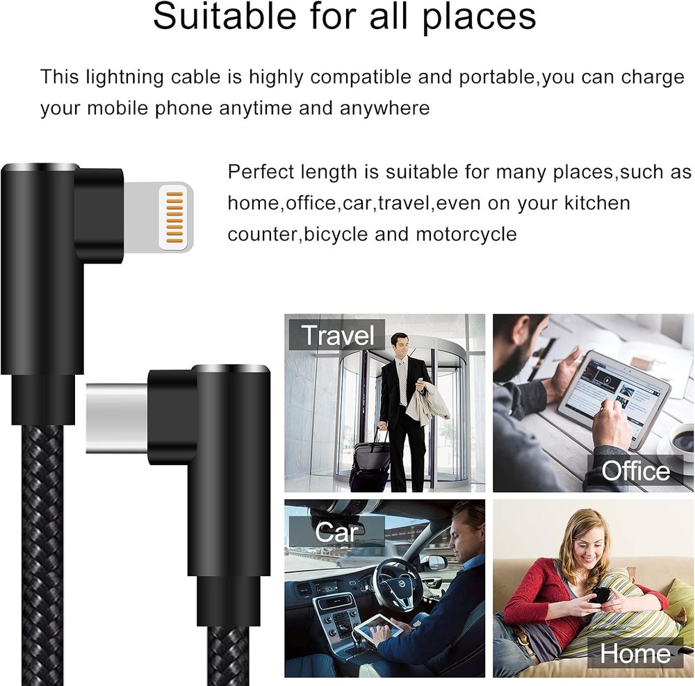 USB C to Lightning Cable 1ft 3 Pack MFi Certified Right Angle iPhone Black
