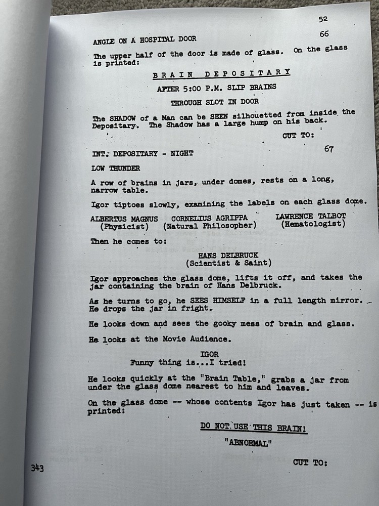 Young Frankenstein Screenplay/ Script. Gene Wilder, Mel Brooks.