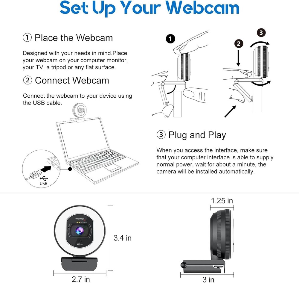 4K Webcam with Ring Light Web Cam 4K Autofocus with TOF Computer Camera 1080P 60