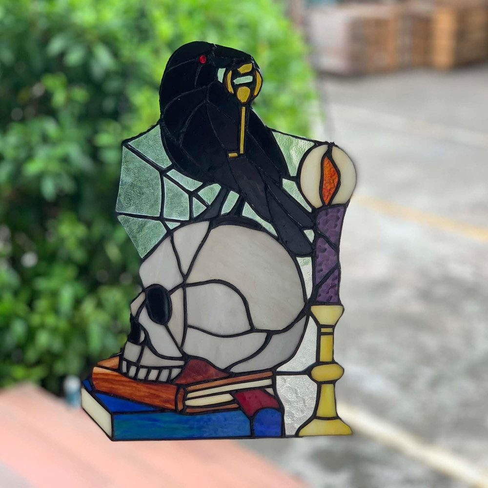 Raven on Skull Stained Glass Window Panel - Halloween Decor