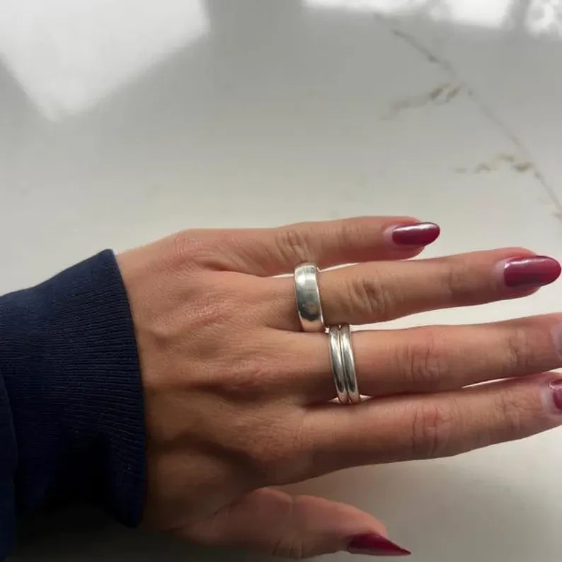 Handmade 925 Sterling Silver Dome Ring Set: Solid 925 Silver Bands