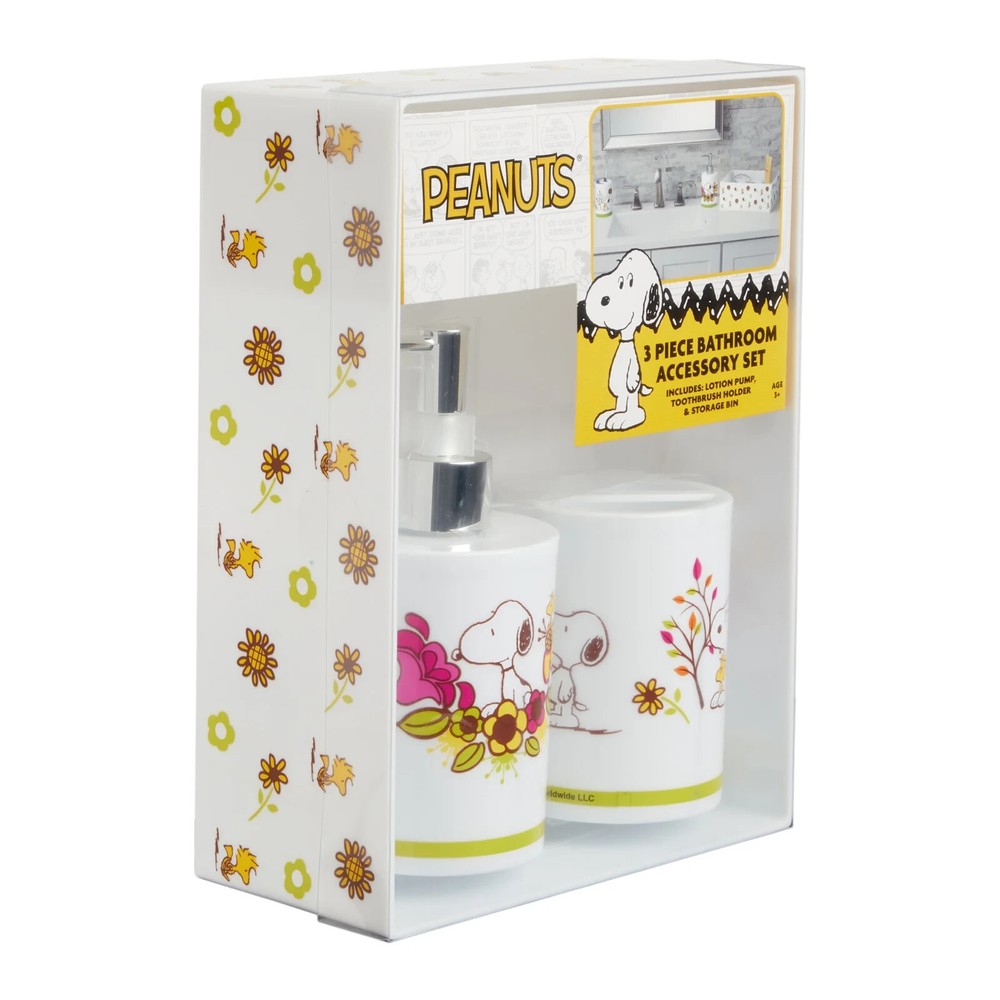 Snoopy 3-Piece Bathroom Accessory Set, Toothbrush Holder, Soap Pump, Storage Bin