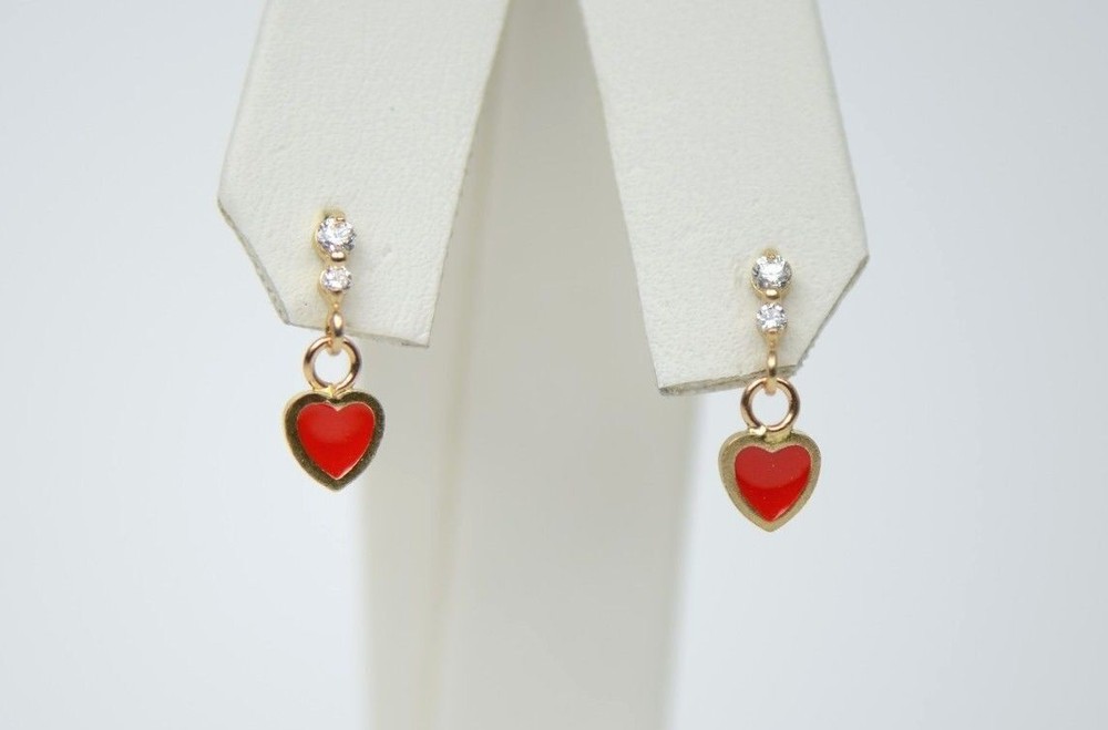 14K Solid Yellow Gold Enamel Heart Shape Dangle Stud Earring