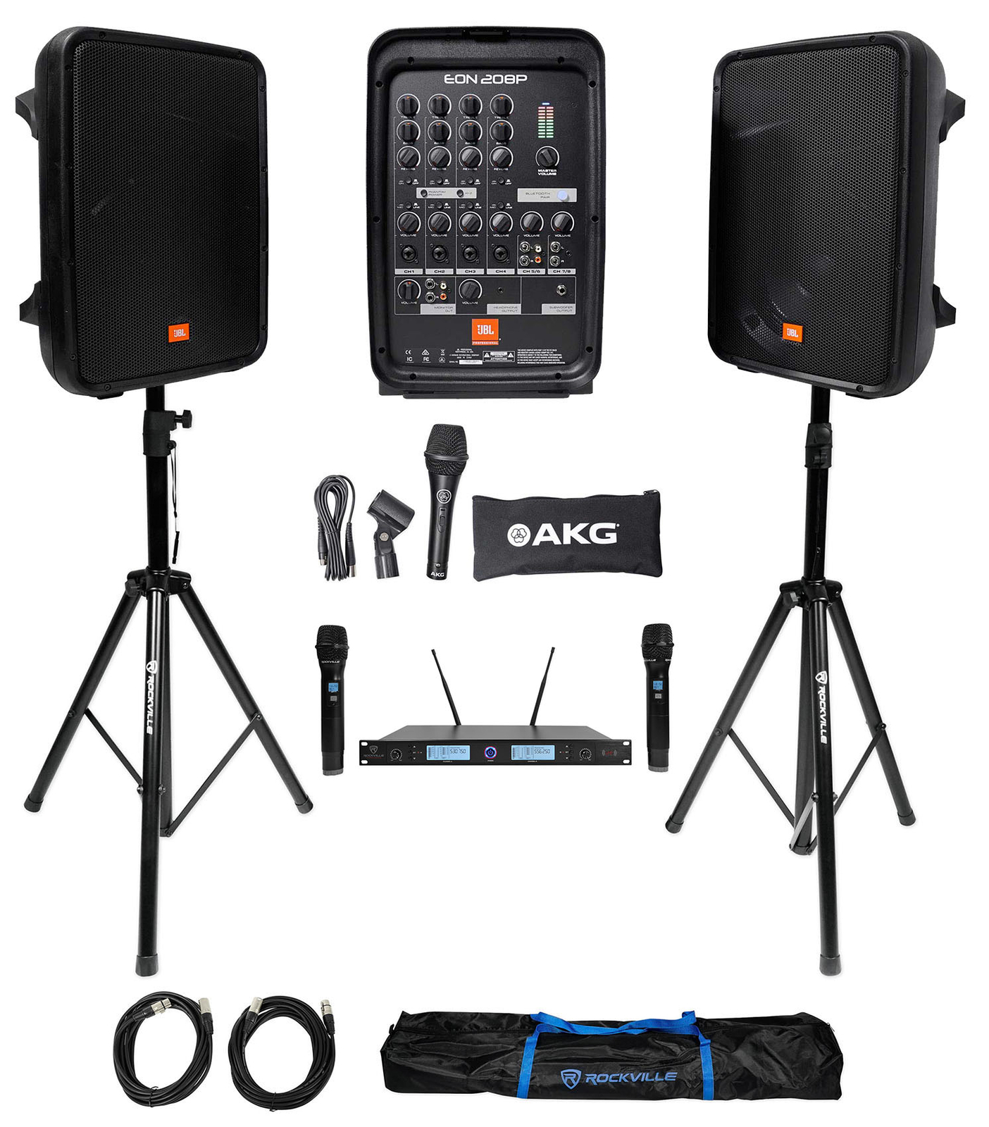 JBL EON208P 8" Bluetooth Speakes+Stands+Mixer+(2) Wireless UHF Microphones