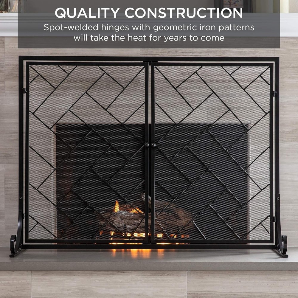 44x33in 2-Panel Handcrafted Wrought Iron Decorative Mesh Fireplace Screen