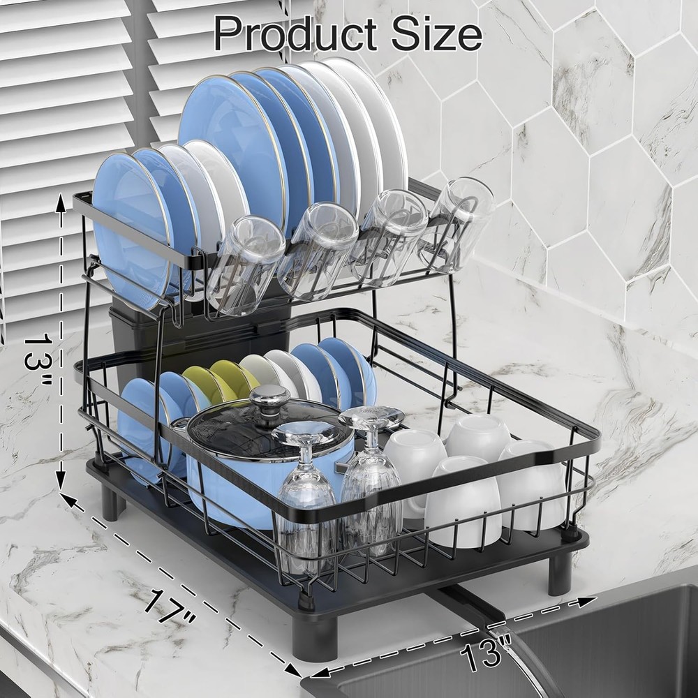 Dish Drying Rack, Space Saving & Durable Rust-Proof Large 2 Tier Stainless Steel