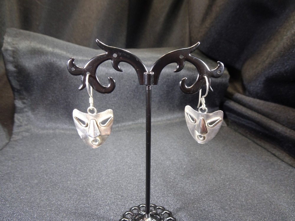 Vintage Solid 925 Sterling Silver Mask Hook Earrings