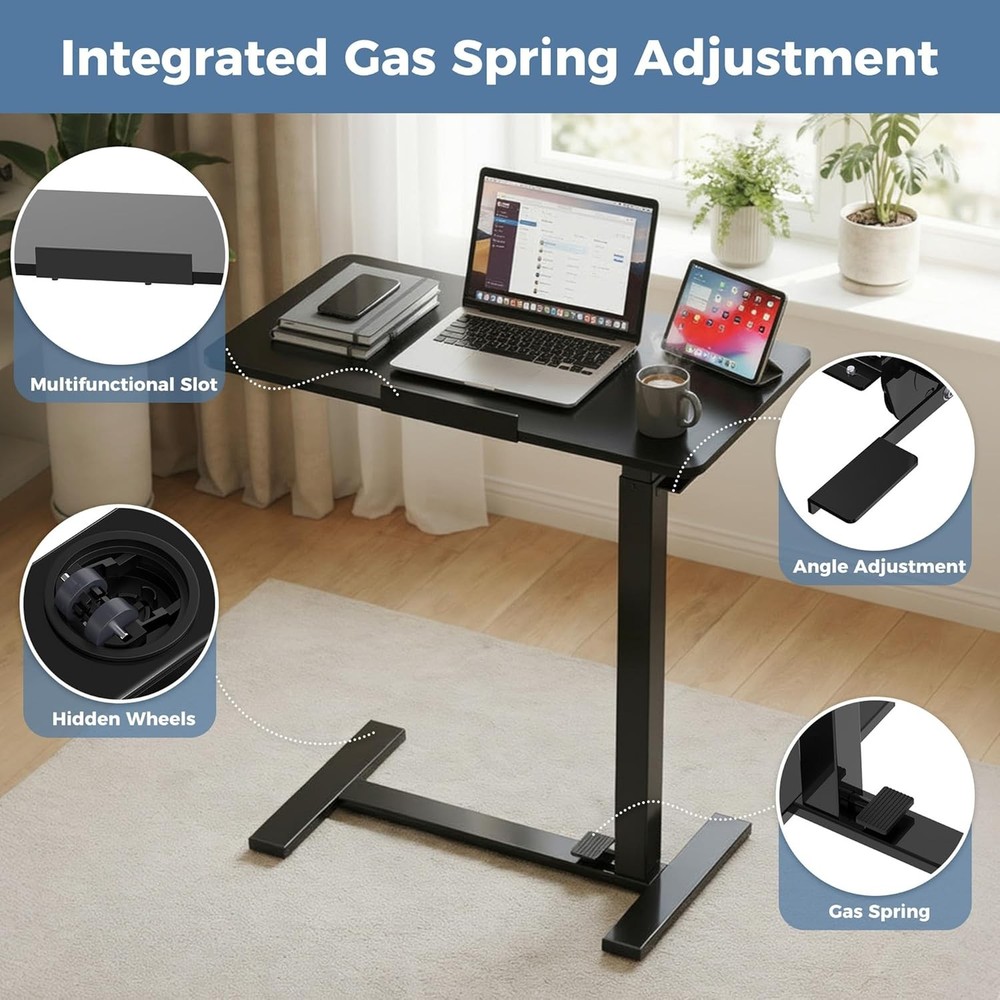 Adjustable Overbed Bedside Table W/ Hidden Wheels Mobile Standing Desk