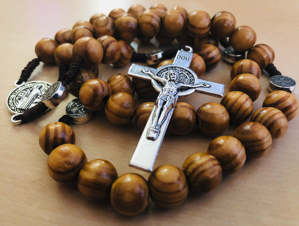 Saint St Benedict Wooden Rosary for Men Women Wood Prayer Beads Crucifix Cross