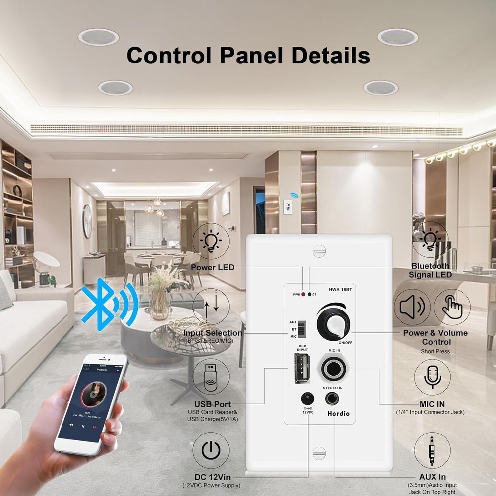 Herdio 5.25" 2 Way Indoor Bluetooth Ceiling Speakers+In Wall Bluetooth Amplifier