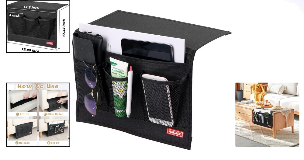 Functional Bedside Caddy in Black Linen - Perfect for Remote & Gadgets
