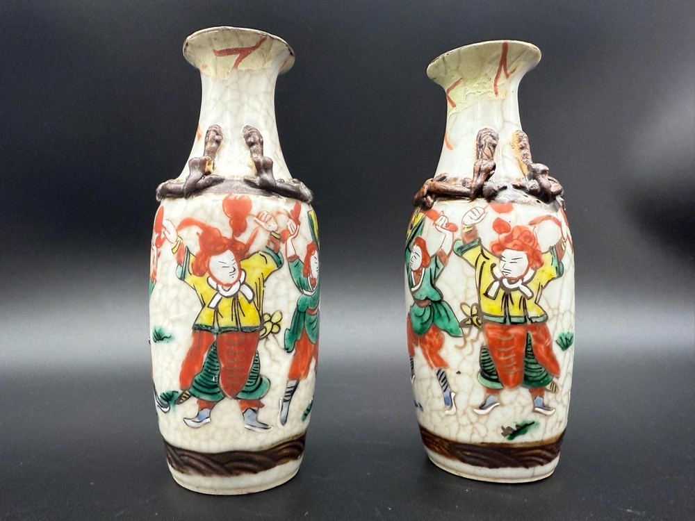 Vintage Crackle Glaze Mini Vases – Samurai Warrior Pair