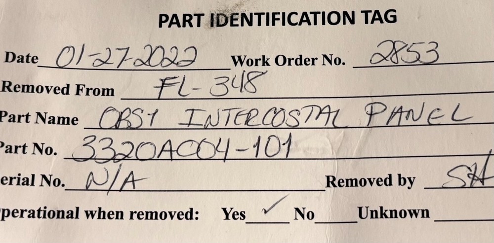 Intercoastal Panel 3320A004-101 Removed Working