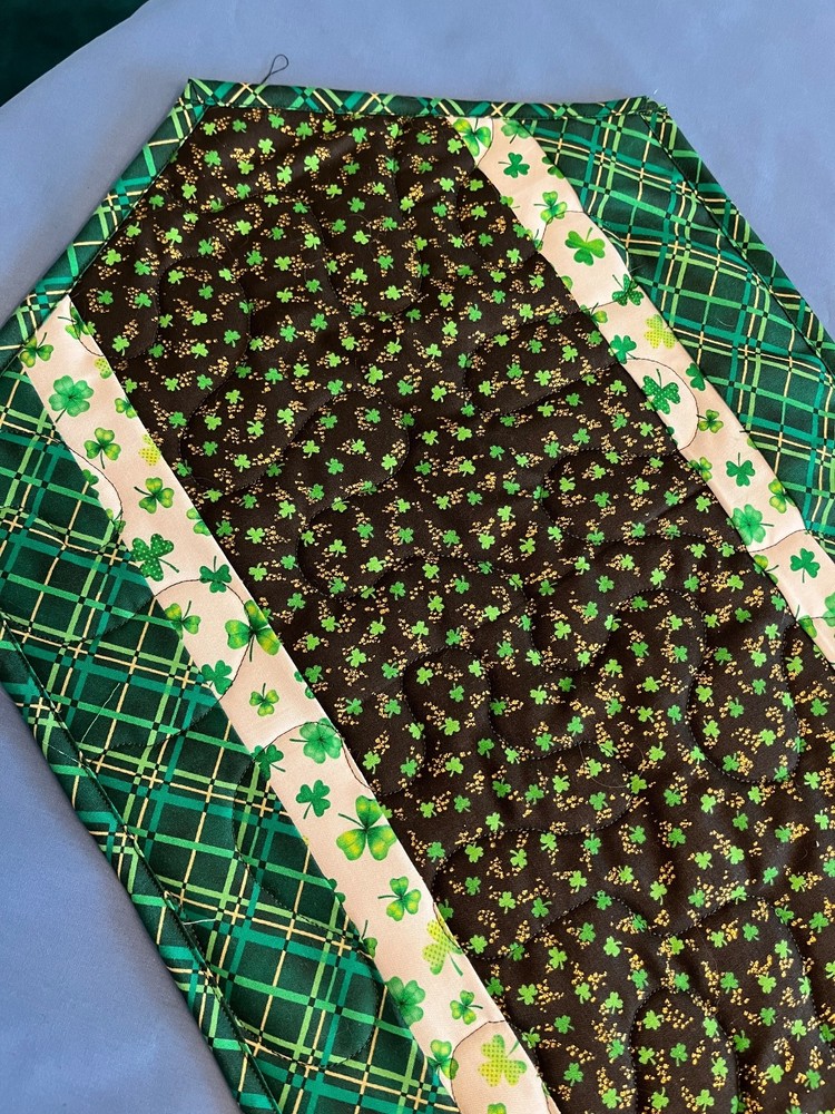 Handcrafted-Quilted Table Runner-St. Patrick's- Tiny Shamrocks/ Plaid - #1
