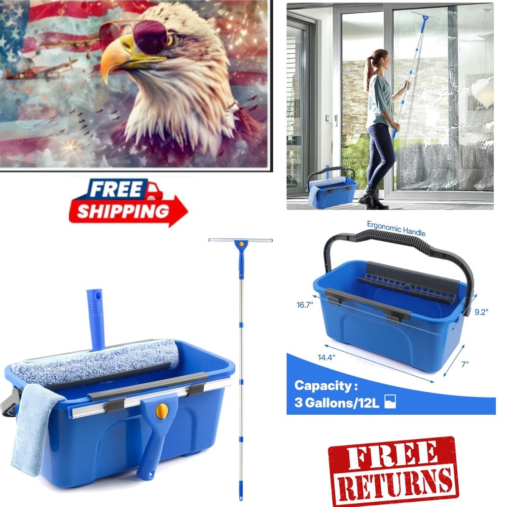 Professional 3 Gallon Window Cleaning Kit: Squeegee & Scrubber with Long Handle