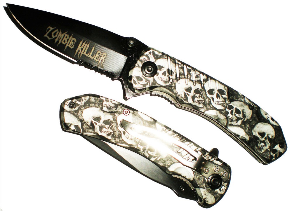 BLACK Skull ZOMBIE KILLER GRIP HANDLE ASSISTED OPENING POCKET KNIFE