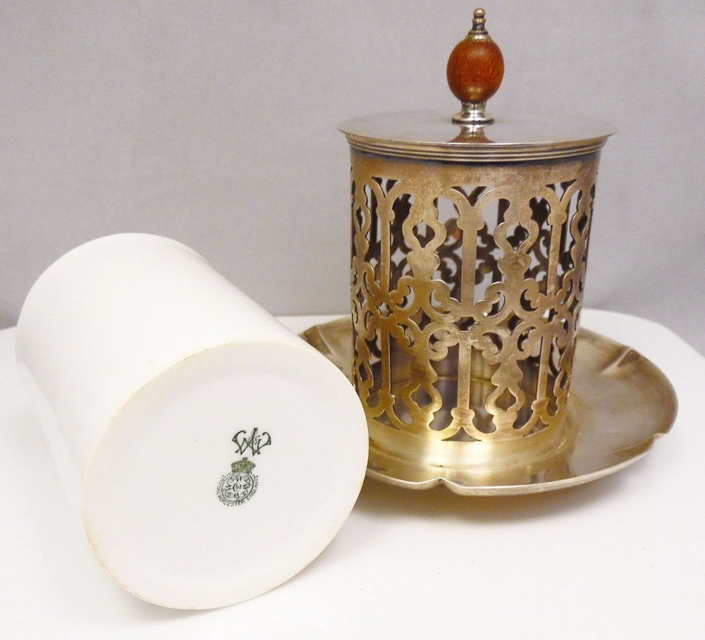 Antique Reticulated Silver Plate Lidded Tea Caddy w/ Royal Worcester Insert Cup