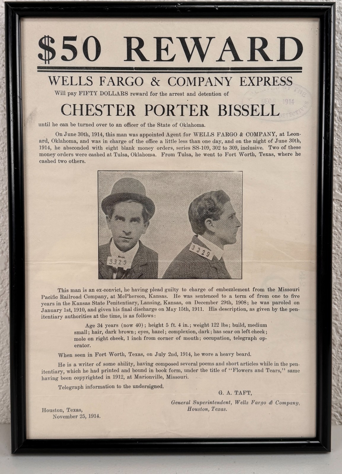 Antique Wells Fargo & Co Reward Wanted Poster Criminal Robber Western Outlaw #3