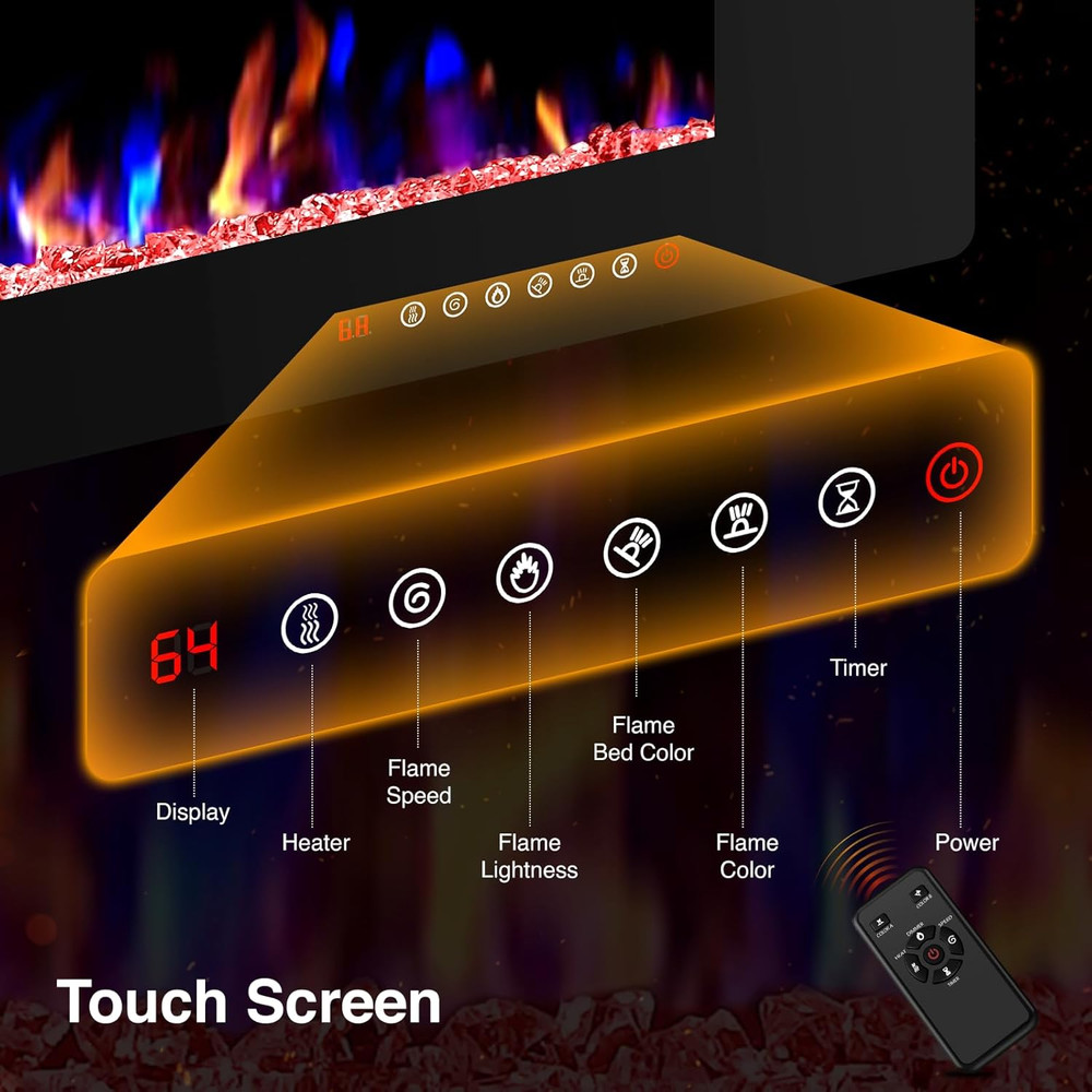 30" Electric Fireplace - Wall Mounted, Adjustable Flames, Remote Control, Low No