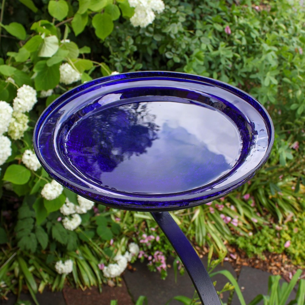 12" Cobalt Blue Crackle Birdbath- Rail Mount Bracket
