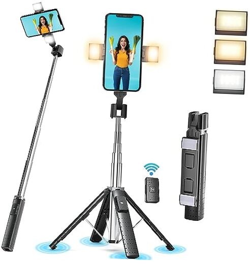 41” Selfie Stick Tripod Quadrapod with 2 Rechargeable Fill Light, Extendable