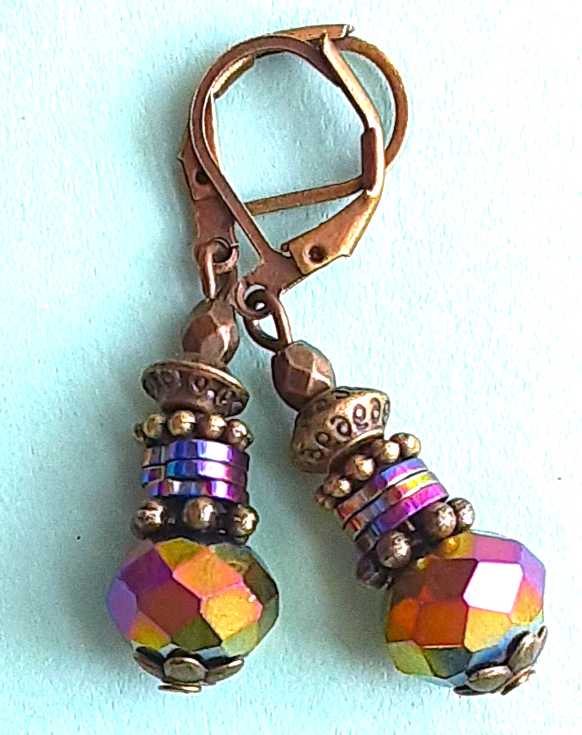 RAINBOW CRYSTAL & HEMATITE Colorized Crystal earring bronze Leverback #DMX
