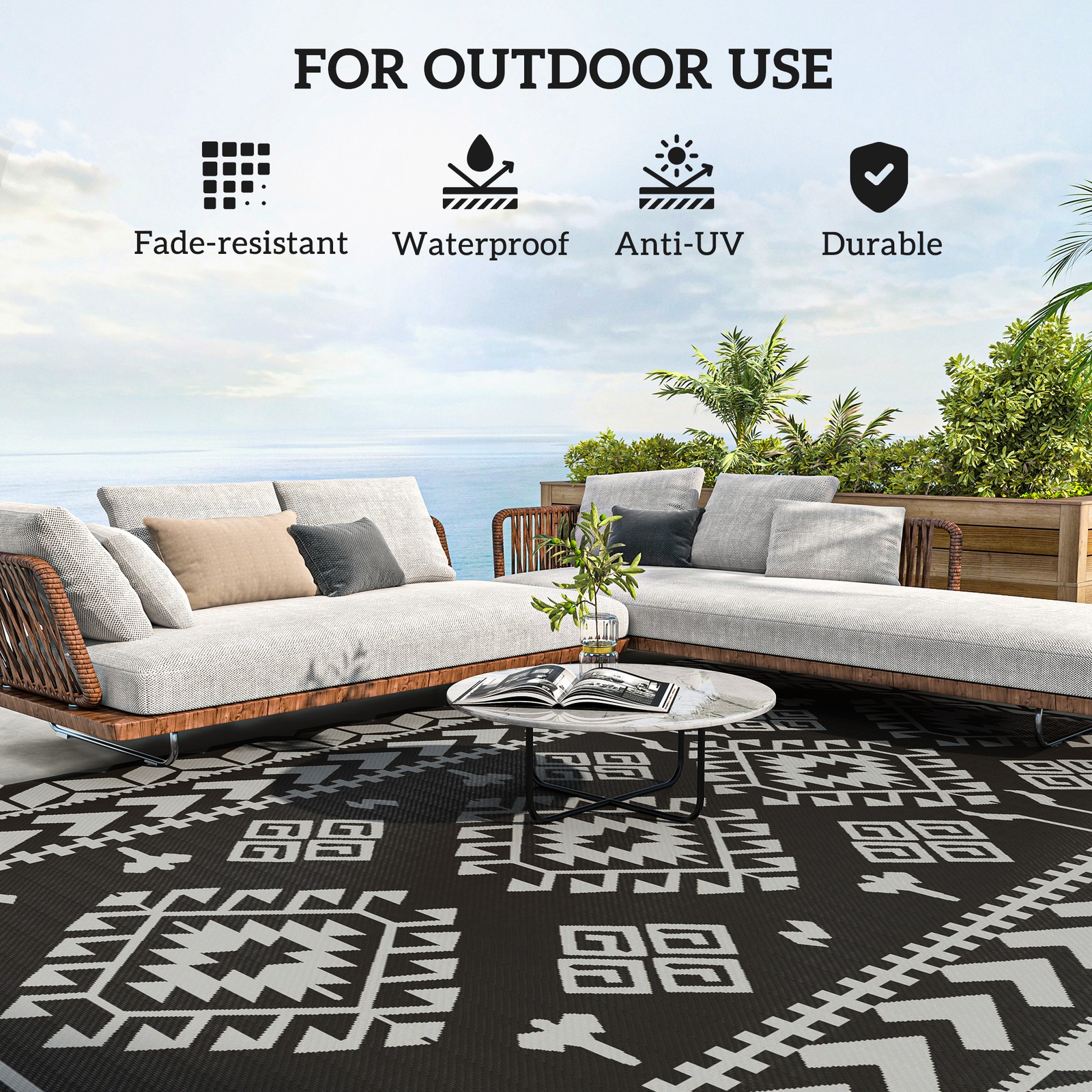 Outsunny Outdoor Rug, 9' x 18' Floor Mat, Black Gray Rhombus Patchwork