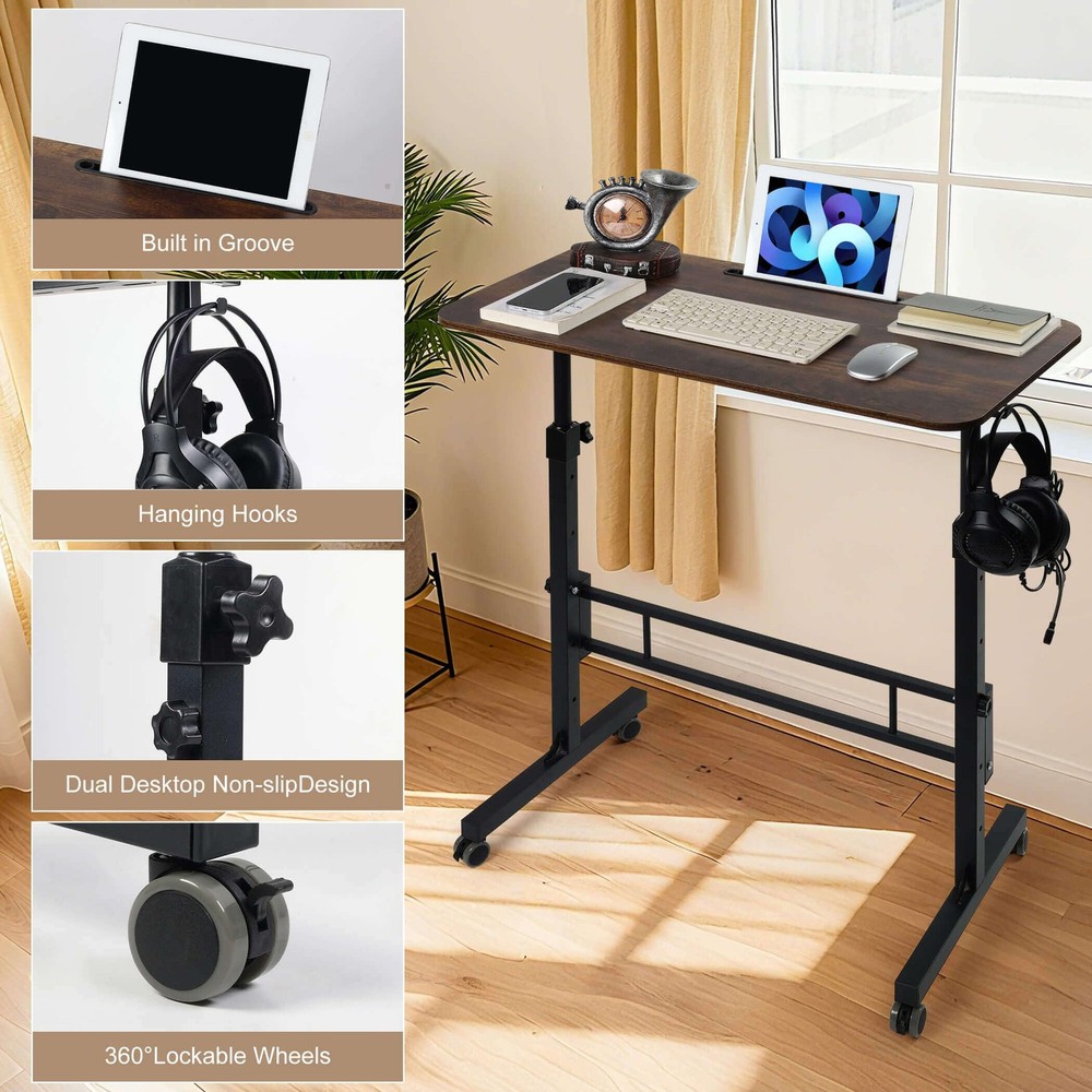 Rustic Brown Standing Portable Rolling Laptop Mobile Desk with Lockable Wheel