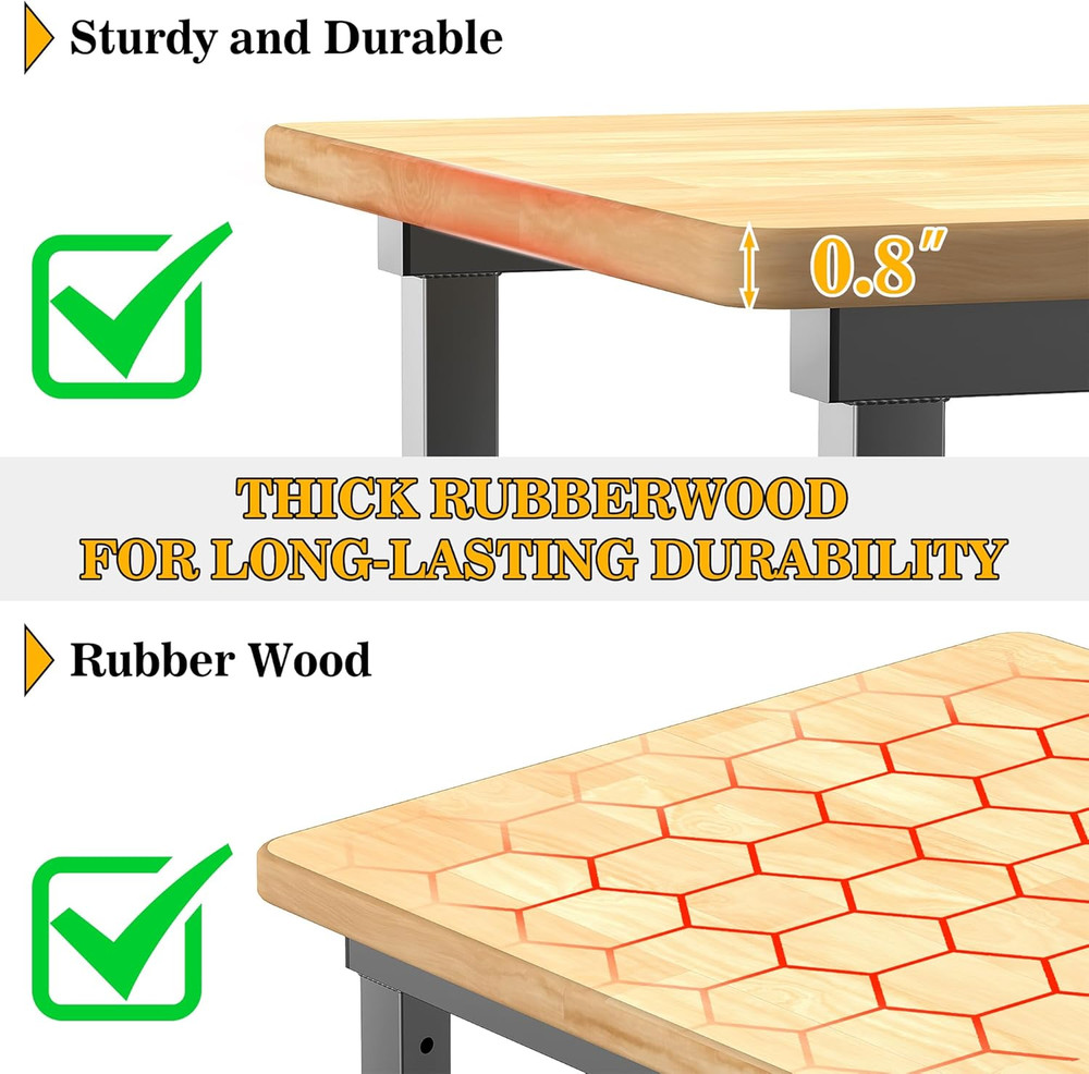 Workbench for Garage, 47.5" Adjustable Height Work Table, Heavy Duty Rubber Wood