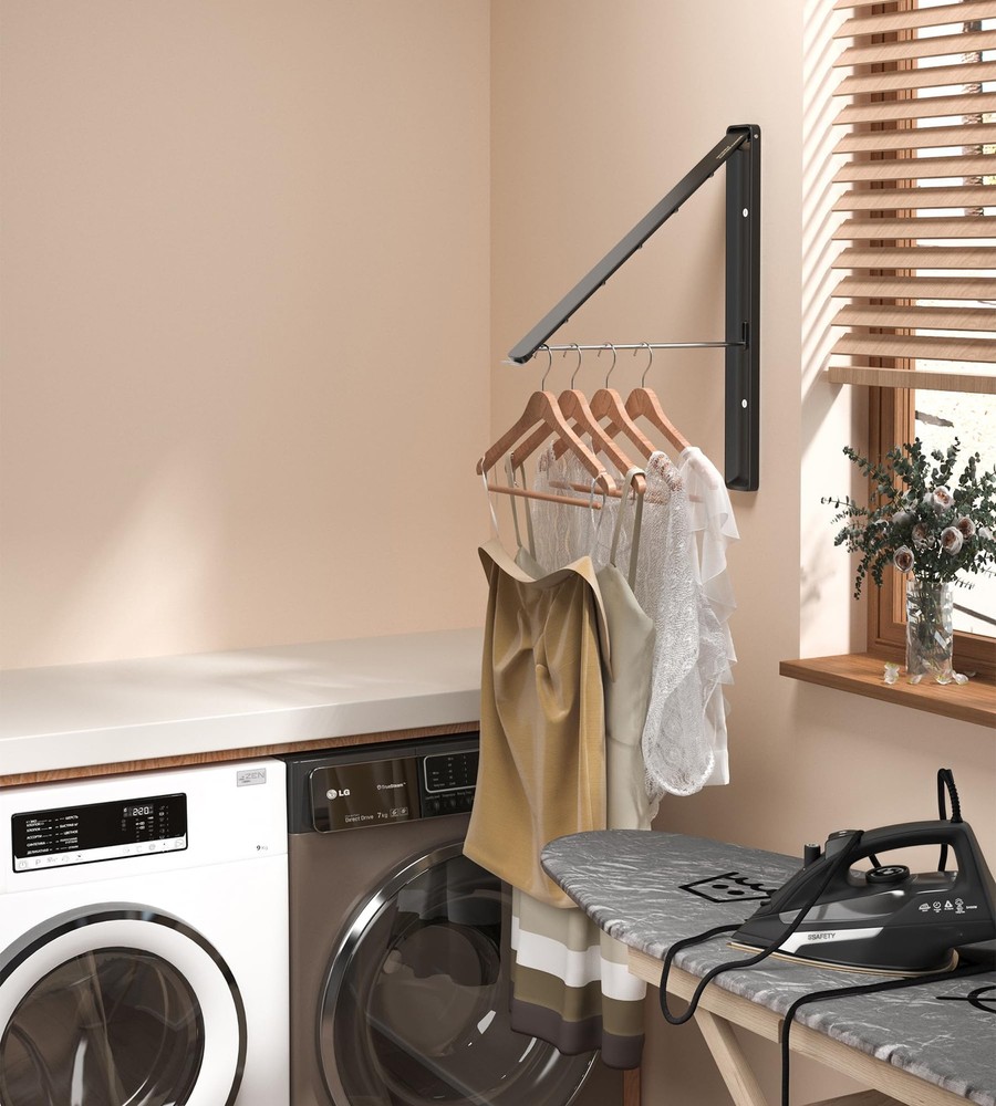 Dr.DJ Wall-Mounted Foldable Clothes Drying Rack with Rod - Retractable, Metal