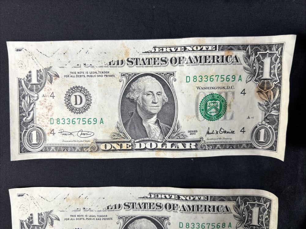 10 US ONE DOLLAR FEDERAL RESERVE NOTES SERIES 2001 INK MISSING PRINTING ERROR
