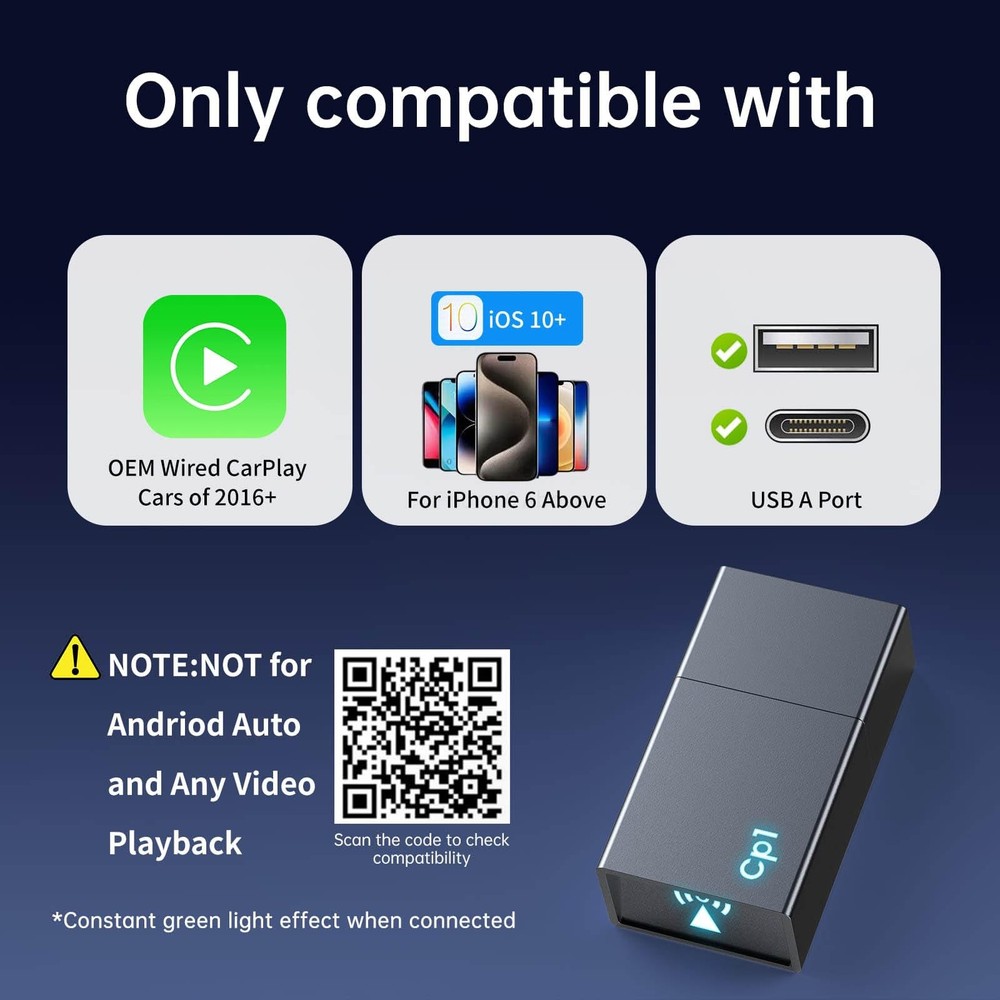 Wireless Carplay Adapter for iPhone - Plug & Play Convert Wired to Wireless C...