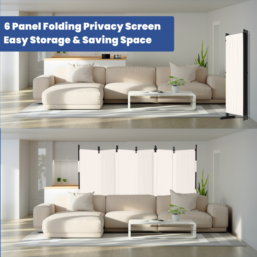 Upgraded Seamless Room Divider 6 Panel Folding Privacy Screens 11', White