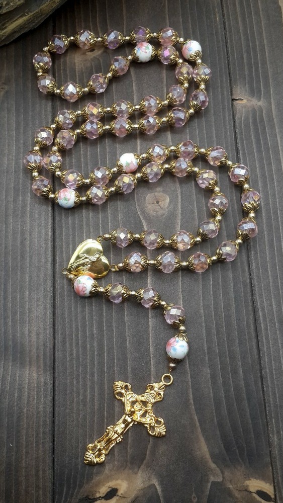 Pink Crystallized Beads Gold Rosary Catholic Holy Mary Locket Medal & Crucifix