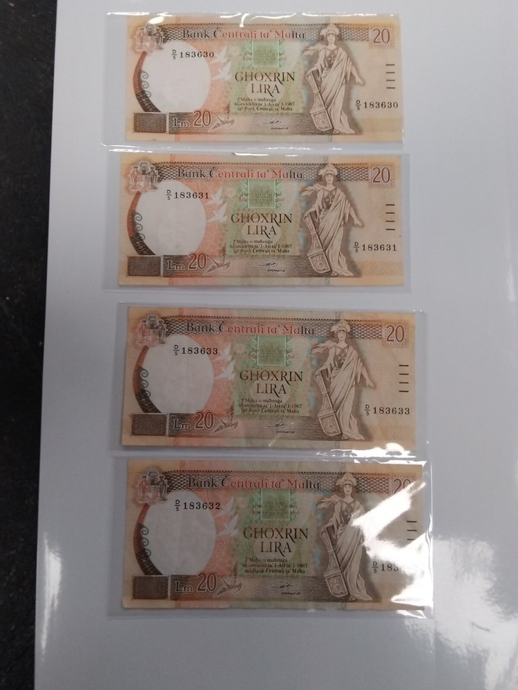 Maltese 20 Lira Bank Notes x4 consecutive unc