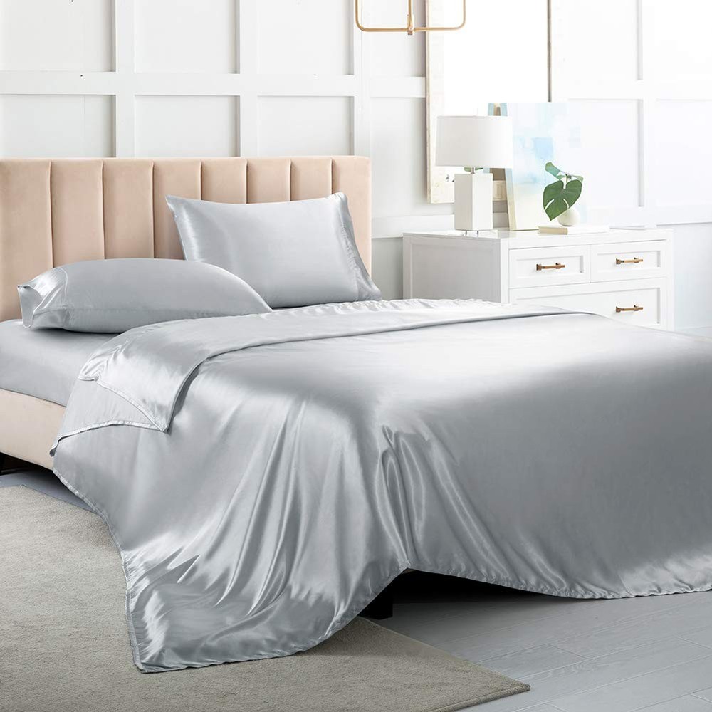 Satin Bed Sheets Full Size Sets, Silver Grey Silk Sheets, 4 - Pieces Soft Bed...