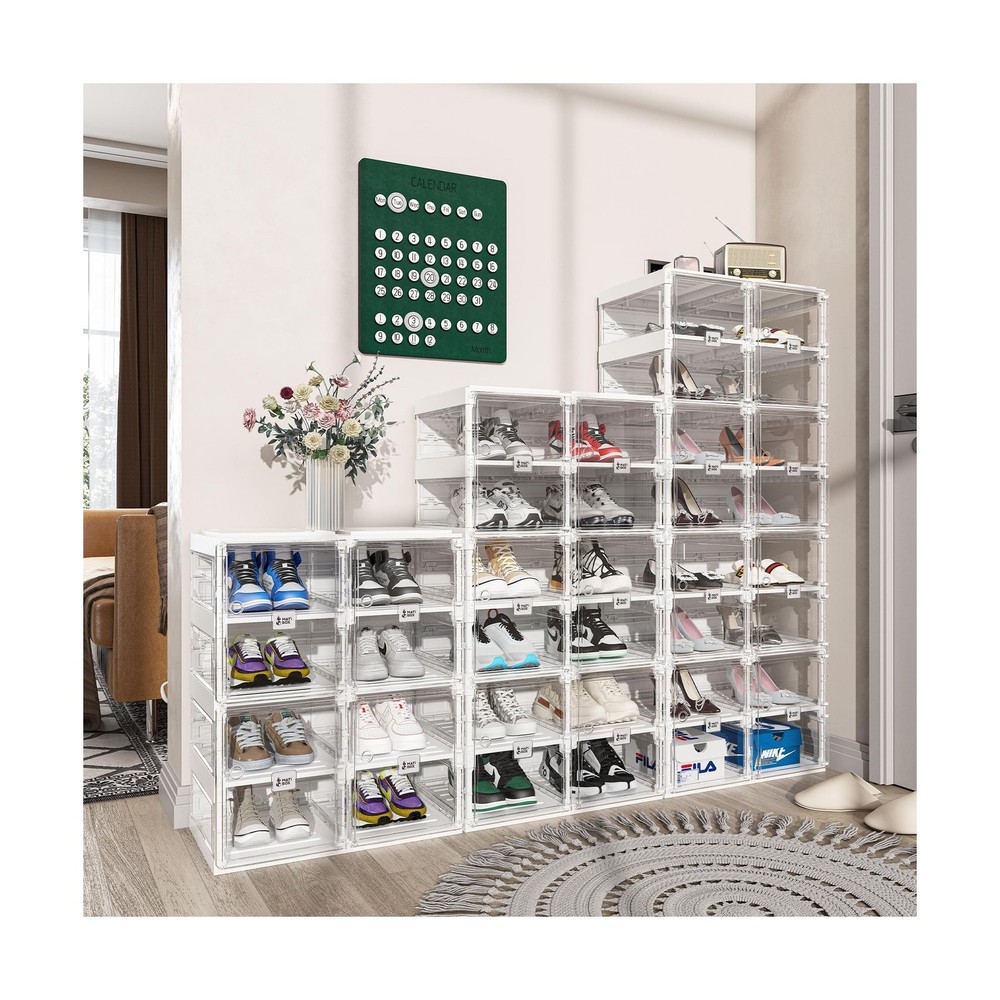 ANTBOX Collapsible Shoe Boxes Clear Plastic Stackable, Quick Setup Drop Front...