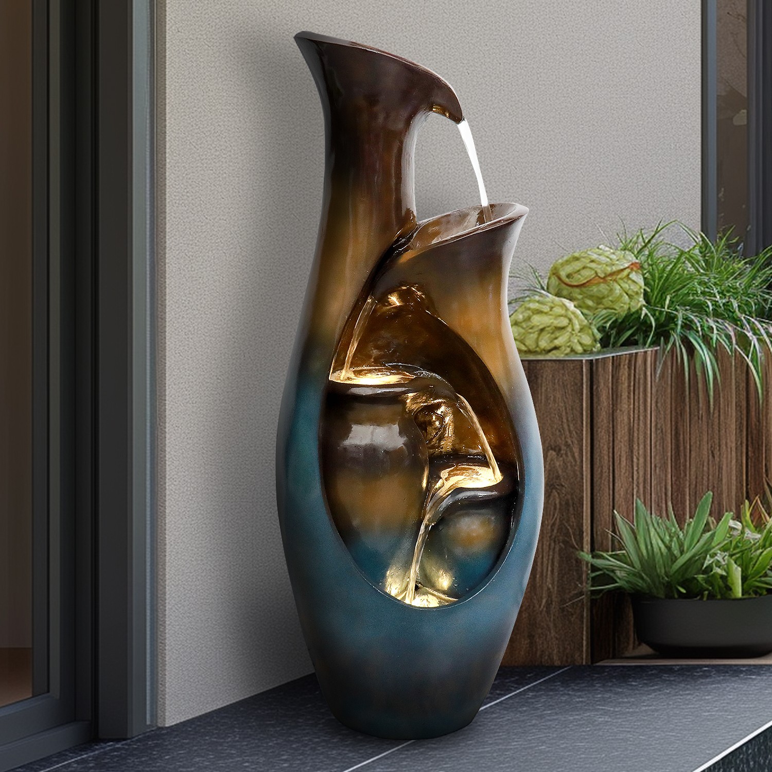 Used Faux Stone Tiered Cascading Water Fountain with LED Lights