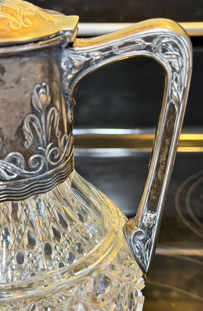 Antique 800 Sterling Silver Claret Crystal Jug 10"