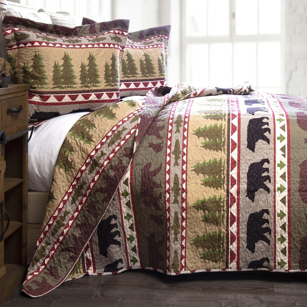 Rustic Bear Stripe Microfiber Quilt Set - 3-Piece Full/Queen Bedding