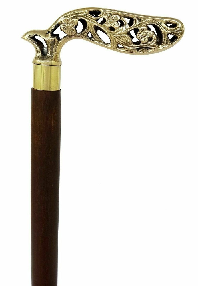 New Engraved Solid Brass Designer Leaf Head Handle Wooden Walking Stick Handmade