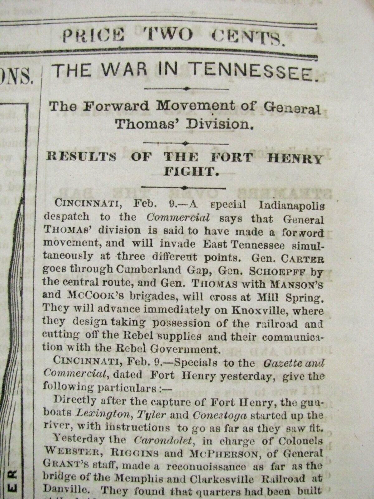 FORT HENRY KENTUCKY & DONELSON BATTLES CIVIL WAR ILLUS MAP NEWS