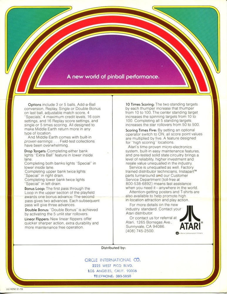 Middle Earth Atari Pinball Flyer / Brochure / Ad /
