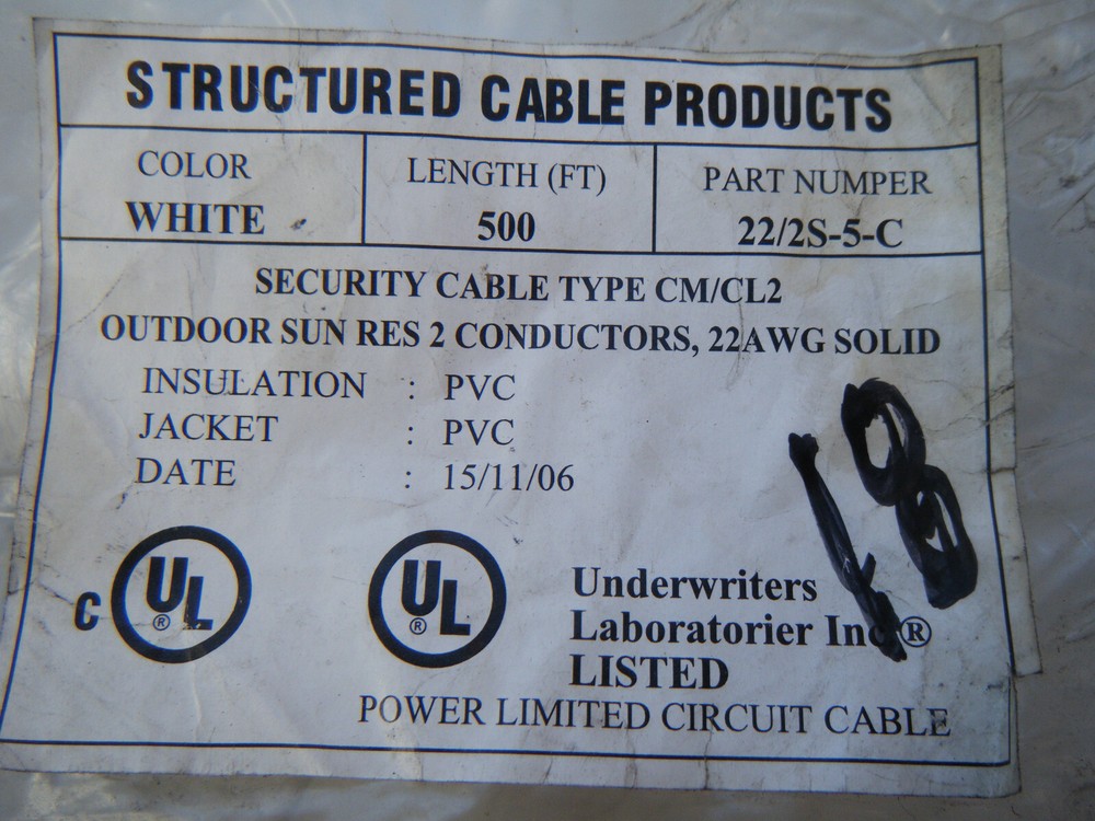 Security cable type cm/c12 outdoor sun res 2-Conductor 22 AWG solid. 500 FT