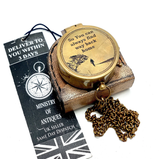ENGRAVED POCKET COMPASS & KEYCHAIN NAUTICAL HANDMADE COMPASS & LEATHER POUCH