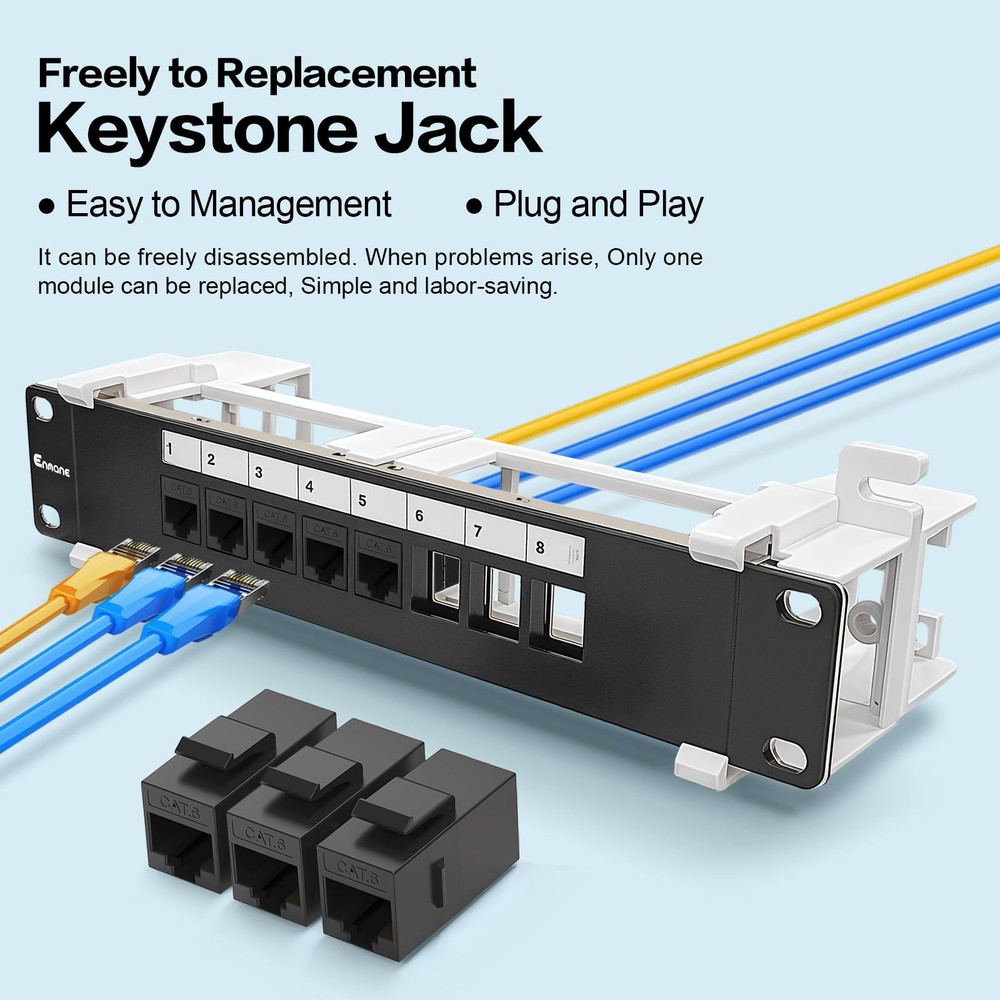8 Port Patch Panel Cat6 Keystone Coupler Unshielded Wall Mount 10 Inch 89D