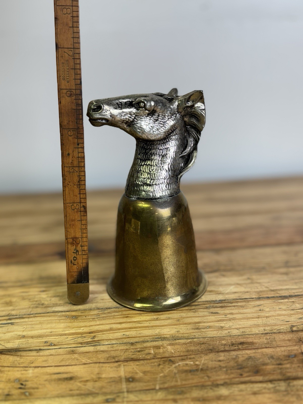 VINTAGE SIGNED MAURO MANETTI ITALY STIRRUP CUP HORSE HEAD BRASS AND SILVER PLATE