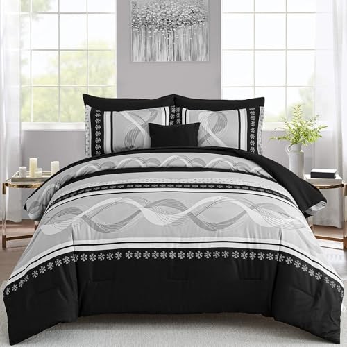 Comforter Set Size,8 Pieces Boho Bed in a Bag Patchwork Striped King Black